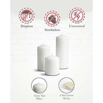 Bask Cone Top Pillar Candles - Elegant White Candles - Set of 3 White Pillar Candles - 3"x4", 3"x6", and 3" x8 - Smokeless and Dripless Decorative Candles for Home Decor and Relaxation