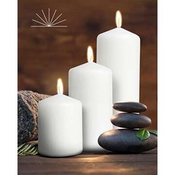 Bask Cone Top Pillar Candles - Elegant White Candles - Set of 3 White Pillar Candles - 3"x4", 3"x6", and 3" x8 - Smokeless and Dripless Decorative Candles for Home Decor and Relaxation