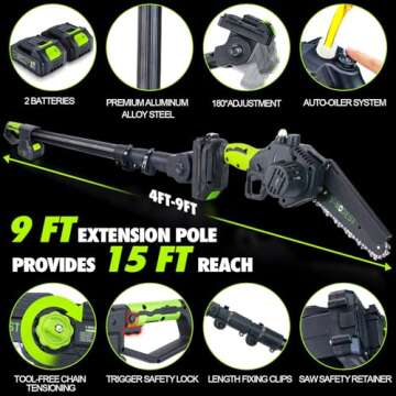 V-MODEST 2-in-1 Cordless Pole Saw, 6 Inch Brushless Pole Chainsaws Mini Handheld Chainsaw with 2× 21V Batteries, 6.5lb Lightweight, Auto Oiling, 15 FT MAX Extension Pole Saws for Tree Trimming