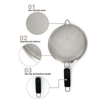 Makerstep Fine Mesh Strainer Set of 3, Stainless Steel 3.38", 5.5", 7.87" Strainers Wire Sieve Sifter with Insulated Handle Strainers for Kitchen Gadgets Tools