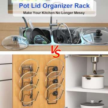 2 Pack Pot Lid Organizer for Cabinet, 2 in 1 Wall Mount & Adhesive Pot Lid Holder Rack for Kitchen Storage 6 Tier Pan Lid Organizer for Easy & Tidy Kitchen Organization