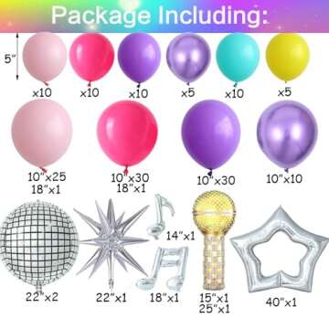 Songstar Birthday Decoration 155pcs Pink and Purple Balloon Arch Kit Hollow Star,Microphone, Disco Mylar Balloon for Music Fans Birthday Popular Singer Birthday Party Decor