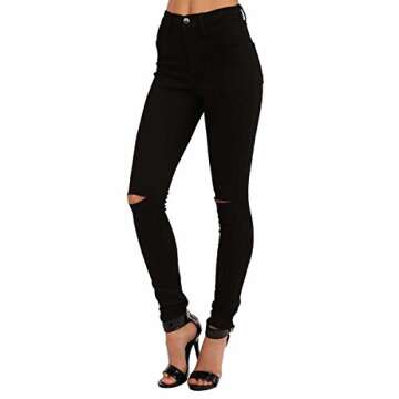 Vibrant Women's Stretch Skinny Jeans - High Waisted Slit Ripped Knee Solid Casual Denim Pants VP831 Black 7