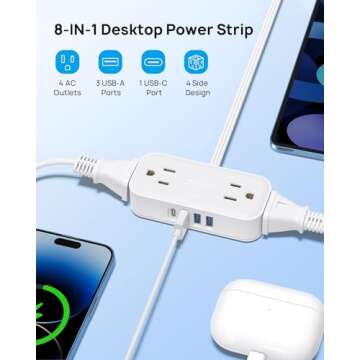 TROND Travel Power Strip with USB Ports, 5ft Flat Plug Extension Cord with Multiple Outlets, Small Wall Mount Extender Adapter for Office Dorm Room Essentials, White