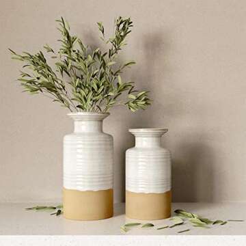 Modern Farmhouse Decor - Stoneware Ceramic Vases for Table - Set of Two Matching Tan Vases for Decor - Watertight Pottery Vase for Home Decor, Ivory/Tan, 9.25"/7.5" by Barnyard Designs