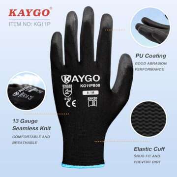 KAYGO Safety Work Gloves PU Coated,12 Pairs KG11PB Seamless Knit Glove for Men and Women, with Smooth Grip on Palm and Fingers, Ideal for General Duty Work (Large, Black)