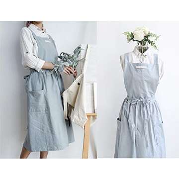 losofar Women Girls Vintage Apron Adjustable Gardening Works Cross Back Cotton/Linen Blend Aprons Pinafore Dress with Two Pockets (lightblue, 39"x 59")