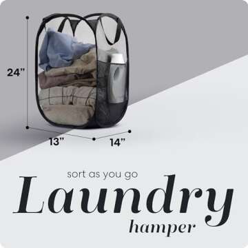 Handy Laundry Collapsible Mesh Pop Up Hamper with Wide Opening and Side Pocket – Breathable, Sturdy, Foldable, and Space-Saving Design for Clothes and Storage. (Black | 2-Pack)