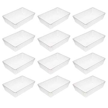 YBM HOME 12-Pack Plastic Storage Baskets Bins for Home Junk Drawer, Shelves, and Office Organization, Functional Trays/Containers Great for Kitchen Pantry, Cabinets, Bedrooms, and Bathrooms, Clear