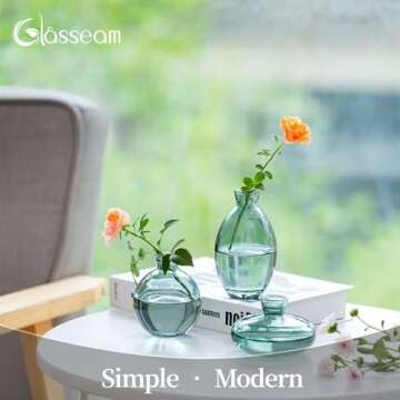 Glasseam Green Glass Bud Vase, 3Pcs/Set Modern Decorative Small Mini Flowers Vases Short Minimalist Aesthetic Home Decor Vintage Cute Handmade Tiny Wedding Table Centerpieces for Single Flower Rose