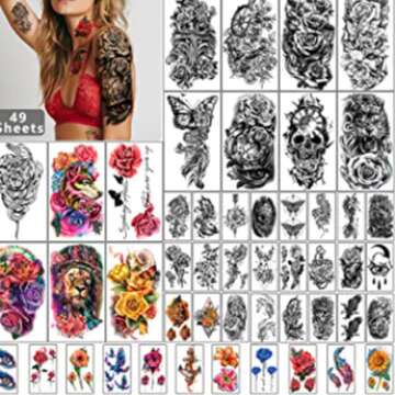 2 Sets 98 Sheets Black Half Arm Waterproof Temporary Tattoo for Adult Men and Women, 3D Flower Animal Peony Rose Butterfly Tiger Fake Tattoo Stickers for Teens Girls Body Hand Shoulder Chin Neck