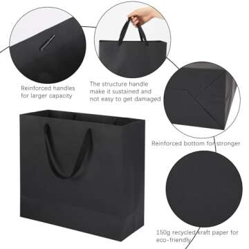 Moretoes 30pcs Black Gift Bags, Large Kraft Paper Bags with Handles, 12.5"x 4.5"x 11" Heavy Duty Wrap Bags with Cloth Handles for Retail, Grocery, Boutique, Business, Merchandise, Party Favor, Wedding