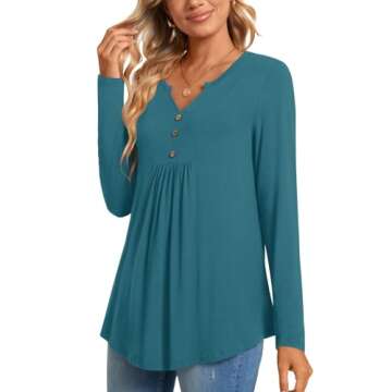 CATHY Women's Long Sleeve V-neck Tunic Top - Acid Blue