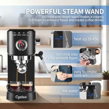 CYETUS Espresso Machine 20 Bar with Milk Frother Steam Wand, Compact Small Coffee Machine for Home, Pressure Gauge, Barista Espresso Maker Latte Cappuccino, Stainless Steel, Black (Renewed)