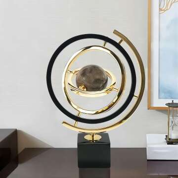 homary Modern Abstract Art Decoration Metal Globe Ornament Sculpture Decor with Rectangle Stand Black & Gold