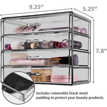 Sorbus Makeup Organizer - 4 Drawer Acrylic Make Up Organizers and Storage for Cosmetics, Jewelry, Beauty Supplies, Clear Makeup Organizer for Vanity, Girl's Room, College Dorm, Counter, Bathroom Sinks