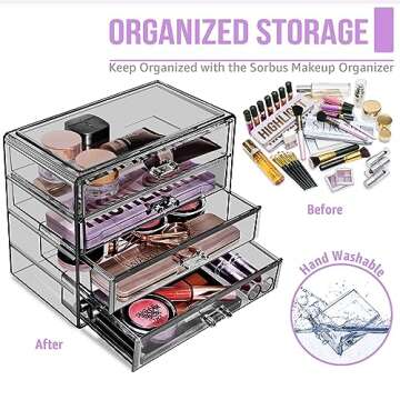 Sorbus Makeup Organizer - 4 Drawer Acrylic Make Up Organizers and Storage for Cosmetics, Jewelry, Beauty Supplies, Clear Makeup Organizer for Vanity, Girl's Room, College Dorm, Counter, Bathroom Sinks