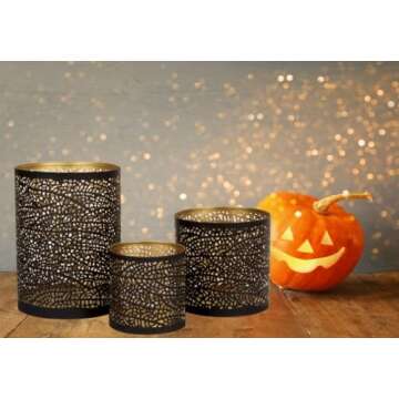 Lazy Gifts Set of 3 Black and Gold Metal Candle Holders for use with Pillar, Votive and tealight Candles Elegant Lantern Style Centerpiece - Accents for Weddings Functions and Home décor