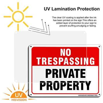 HISVISION 4 Pack No Trespassing Private Property Sign, 10" x 7" .40 Rust Free Heavy Duty Aluminum Reflective, UVresistance, Waterproof, Non-Fading, Easy to Install for Home House and Business