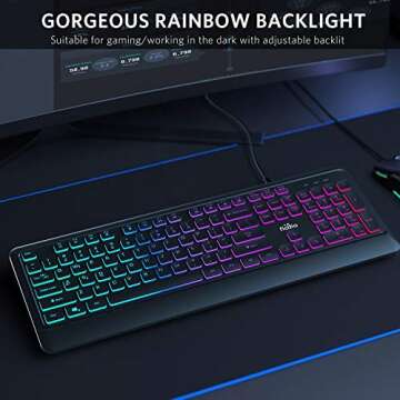 Fiodio Rainbow Membrane Gaming Keyboard, Quiet Wired Computer Keyboard, 104 Silent & 26 Anti-Ghosting Keys, Spill Resistant, Multimedia Control for PC and Desktop