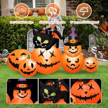 5.8 FT Long Halloween Inflatables Pumpkin Outdoor Decorations Blow Up Inflatables Pumpkin Patch with Black Cat & Witch Hat Build-in LEDs Outdoor Blow Up Yard Decorations for Holiday Party Lawn Garden