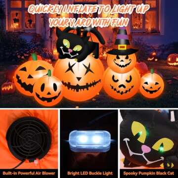 5.8 FT Long Halloween Inflatables Pumpkin Outdoor Decorations Blow Up Inflatables Pumpkin Patch with Black Cat & Witch Hat Build-in LEDs Outdoor Blow Up Yard Decorations for Holiday Party Lawn Garden