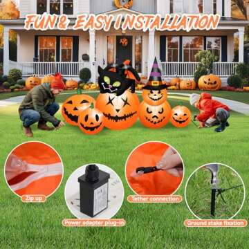 5.8 FT Long Halloween Inflatables Pumpkin Outdoor Decorations Blow Up Inflatables Pumpkin Patch with Black Cat & Witch Hat Build-in LEDs Outdoor Blow Up Yard Decorations for Holiday Party Lawn Garden