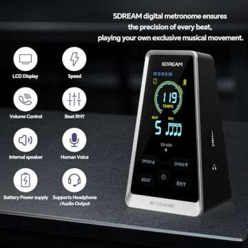 SDREAM Digital Metronome for Piano,Guitar,Violin,Rechargeable LCD Electronic Metronome with Human Voice,Universal Metronome for Musicians,Instrument Volume & Beat Speed Adjustable