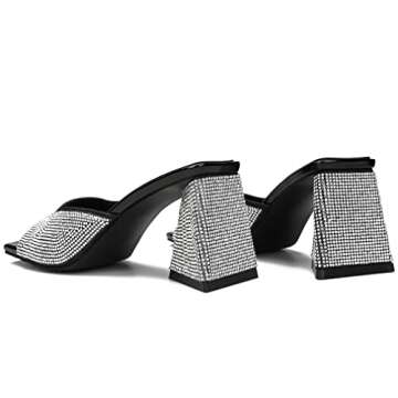 Jiu du Women's Rhinestone Chunky Heeled Sandals Square Open Toe Slip On High Heel Mules Backless Slides Triangle Block Wedges Pumps Slippers Shoes Black Size US 6.5 CN 37