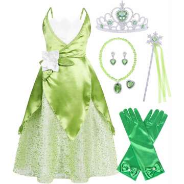 COTRIO Tiana Princess Dresses for Girls Kids Halloween Costume Dress Up Birthday Party Outfits with Crown