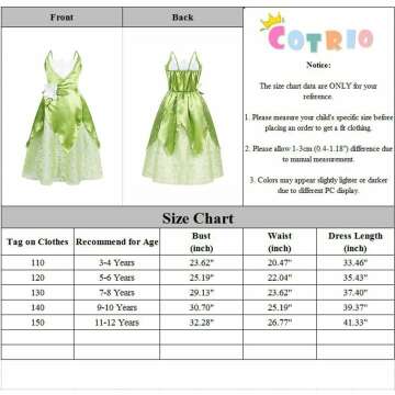 COTRIO Tiana Princess Dresses for Girls Kids Halloween Costume Dress Up Birthday Party Outfits with Crown