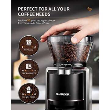 SHARDOR Conical Burr Coffee Grinder, Electric Adjustable Burr Mill with 35 Precise Grind Setting for 2-12 Cup, Black