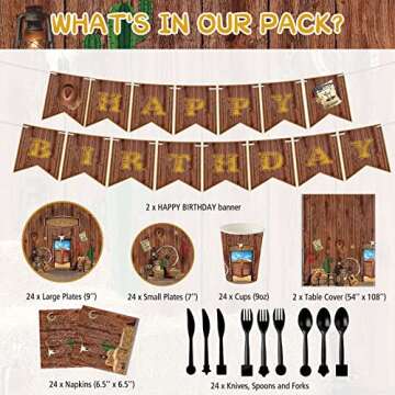 172 Pcs Western Party Supplies Serves 24, Include Cowboy Tablecloth, Western Happy Birthday Banner, Cowboy Birthday Plates and Napkins Tableware Set for Western Cowboy Theme Wild West Party Decoration