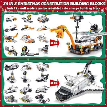 Advent Calendar 2024 for Kids Teens, 24 Days STEM Space Explorer Rover & Space Shuttle Building Blocks Christmas Countdown Calendar Gift, 25-In-1 Space Airplane Toys Building Set for Boys Girls Age 6+