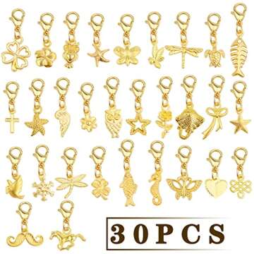 30 Pieces Golden Clip on Charm Pendants Mixed Styles Dangle Charms with Lobster Clasp Craft Supplies for DIY Earrings Jewelry Making Accessories