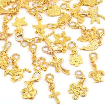 30 Pieces Golden Clip on Charm Pendants Mixed Styles Dangle Charms with Lobster Clasp Craft Supplies for DIY Earrings Jewelry Making Accessories