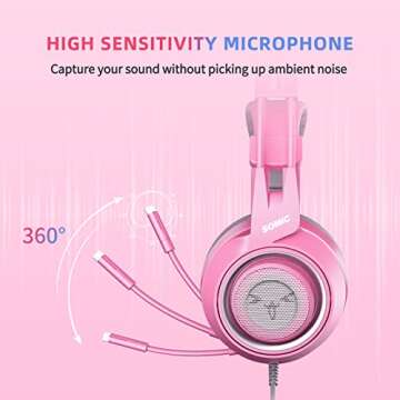 SOMIC G951s Pink Stereo Gaming Headset with Mic for PS4,Xbox,PC,Mobile Phone,3.5mm Noise Reduction Cat Ear Headphones Lightweight Over Ear Headphones for Girls