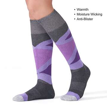 CS CELERSPORT 2 Pack Merino Wool Women's Ski Socks with Full Cushion, Winter Warm Thermal Socks for Skiing Snowboarding, Rose + Purple, Medium