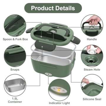 Vabaso Electric Lunch Box for Adults, 80W Heated Lunch Box Portable Food Warmer Lunch Box for Work/Men/Car