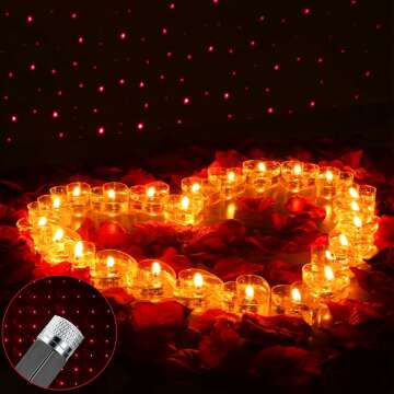 3000 Pcs Artificial Silk Rose Petals with 50 Pieces Romantic Heart Shape Candles and USB Car Night Light for Romantic Night Valentines Birthday Wedding Party Favor Table Decor (Dark Red, Clear)