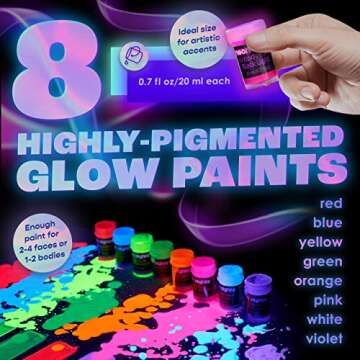 Neon Nights UV Body Paint Set | Blacklight Glow Makeup Kit | Fluorescent Face Paints for Music Festivals, Photo Shoots, Nights Out - Easy to Use and Remove, Premium Quality, Vibrant Colors | 8 Colors