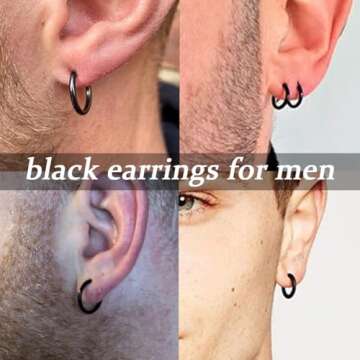 1 Pair Black Earrings for Men Women, 316L Surgical Stainless Steel Small Hoop Earrings Hypoallergenic Non Tarnish Cartilage Hoop Earrings for Multiple Piercing Huggie Hoop Earrings (6mm Black)