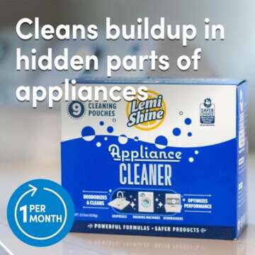 Lemi Shine Appliance Cleaner & Deodorizer | Powered by Citric Acid | 100% Guaranteed To Clean | Works As A Dishwasher Cleaner, Washing Machine Cleaner, & Garbage Disposal Cleaner, 9 Pouches