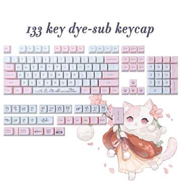 Wunzkii PBT Keycaps 133 Keys Pink Cat Keycaps Dye-Sublimation XDA Profile Custom Keycaps Cute Keycaps for Cherry Gateron MX Switches Mechanical Keyboards