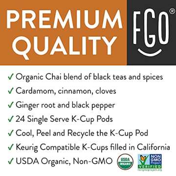 Organic Chai Black Tea K-Cup Pods - 24 Pods by FGO, USDA Organic & Recyclable