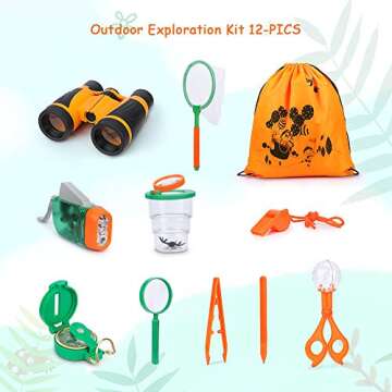 YEZI Outdoor Explorer Kit Gift Kids Toys,12 Pack Kids Adventurer Exploration Equipment Set,Eucational Toys Gifts with Binoculars,Flashlight,Compass,Magnifying Glass,Whistle for Camping Hiking Pretend