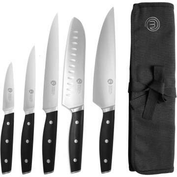 MasterChef Chef Knife Set with Bag, Knife Roll Set with 5 Professional Quality Kitchen Knives for Precision Home Cooking, High Carbon Stainless Steel Blades & Triple Riveted Handles