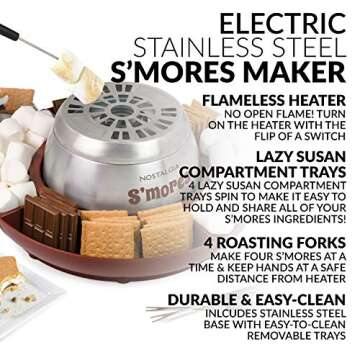 Nostalgia Tabletop Indoor Electric S'mores Maker - Smores Kit With Marshmallow Roasting Sticks and 4 Trays for Graham Crackers, Chocolate, and Marshmallows - Movie Night Supplies - Brown