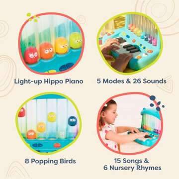 B. toys- Hippo Pop- Musical Toy Keyboard – Play Piano – Songs, Sounds & Lights – Musical Instrument for Toddlers, Kids – 12 Months +