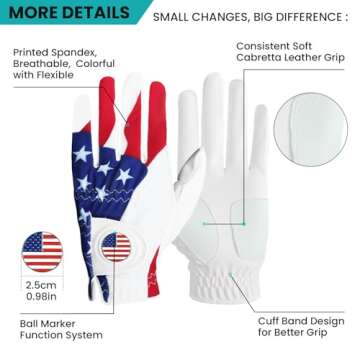 Golf Gloves Men Right Handed Golfer Left Hand with Ball Marker 2 Pack Leather Breathable Comfortable Weathersof Grip Size Small Medium ML Large XL (White&USA Flag, Large(Worn on Left Hand))